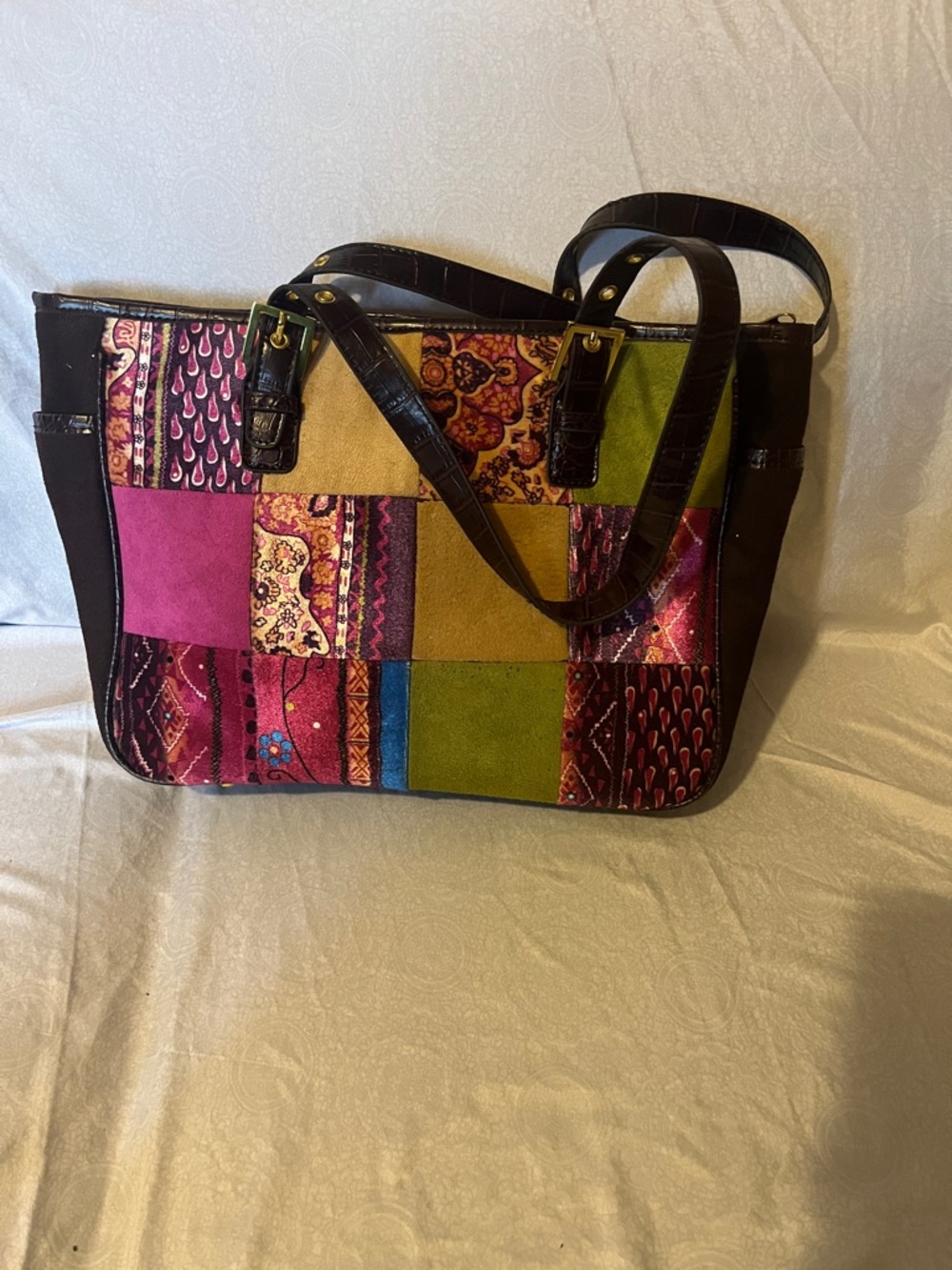 Patchwork Multicolor Tote Bag - Green, Pink & Brown